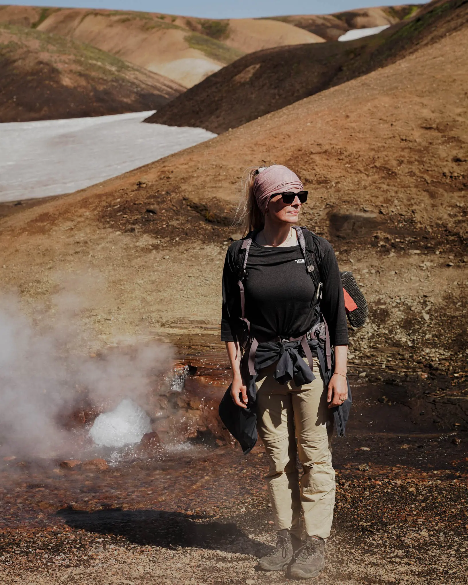 hiker standing by a steaming hot spring in Iceland