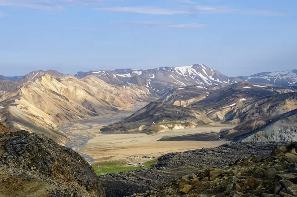 panoramic view of icelandic highlands with colorful mountains and river